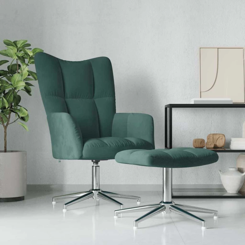 vidaXL Πολυθρόνα Relax Σκούρο Πράσινο Βελούδινη με Σκαμπό