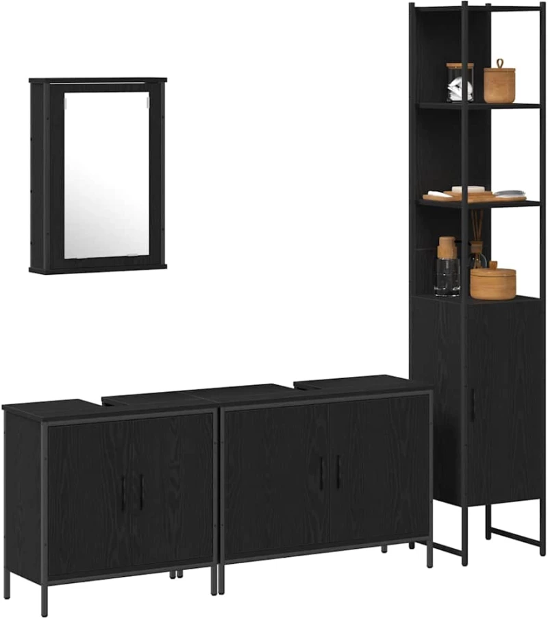 vidaXL Σετ Επίπλων Μπάνιου με ράφι 4 pcs Μαύρο 33 x 33 x 185.5 εκ