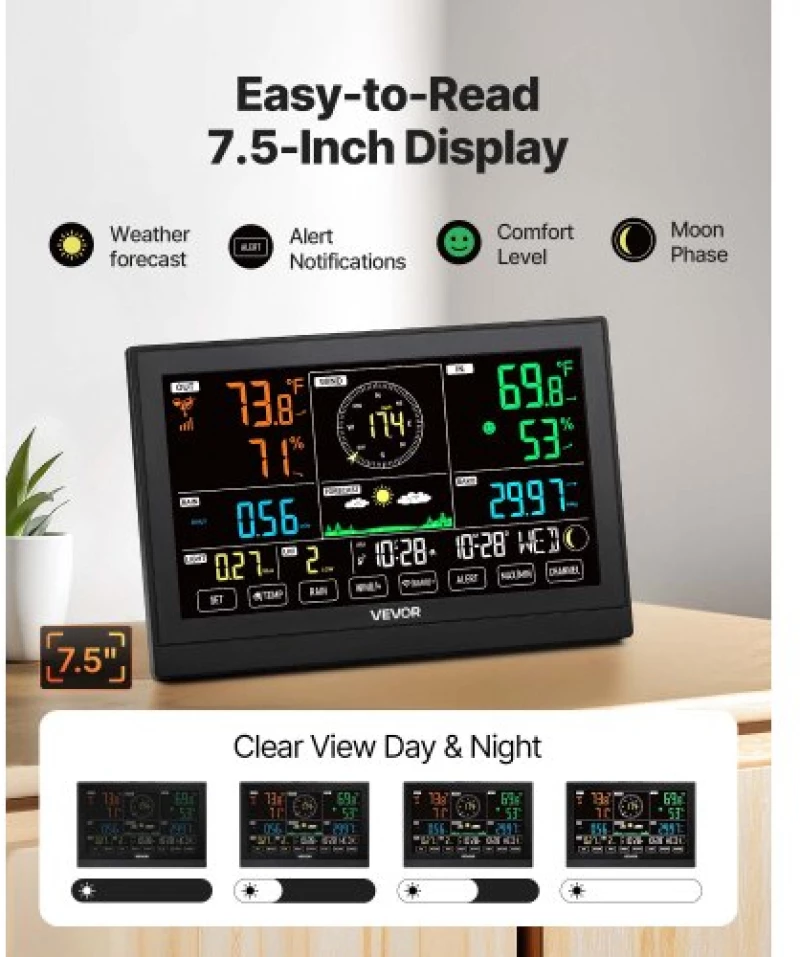 VEVOR 7-in-1 Wireless Weather Station Indoor Outdoor with Sensor 7.5 in Display