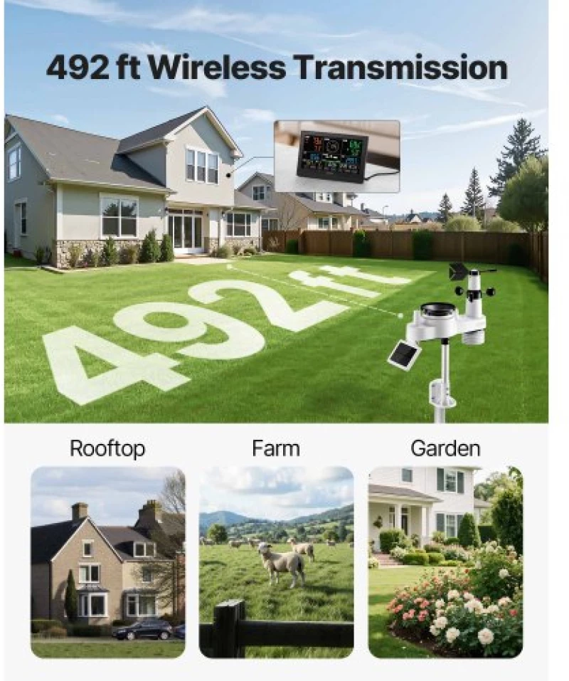 VEVOR 7-in-1 Wireless Weather Station Indoor Outdoor with Sensor 7.5 in Display