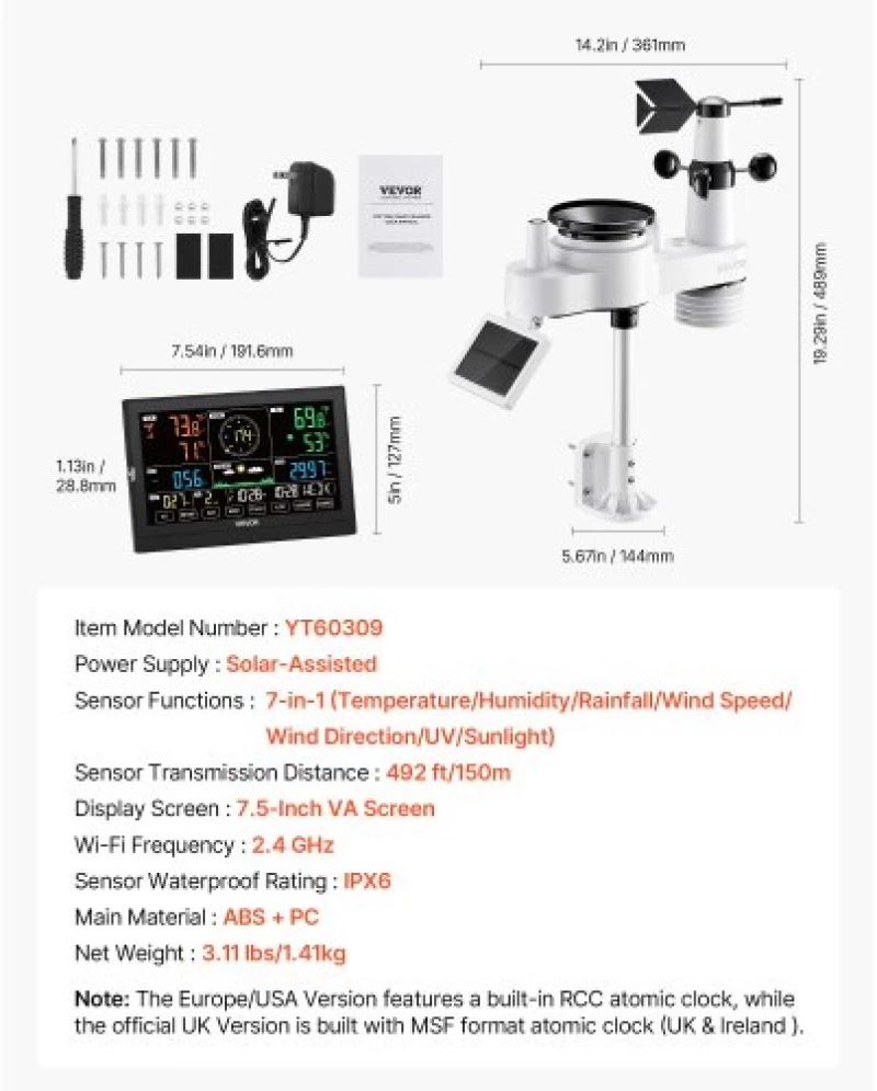 VEVOR 7-in-1 Wireless Weather Station Indoor Outdoor with Sensor 7.5 in Display
