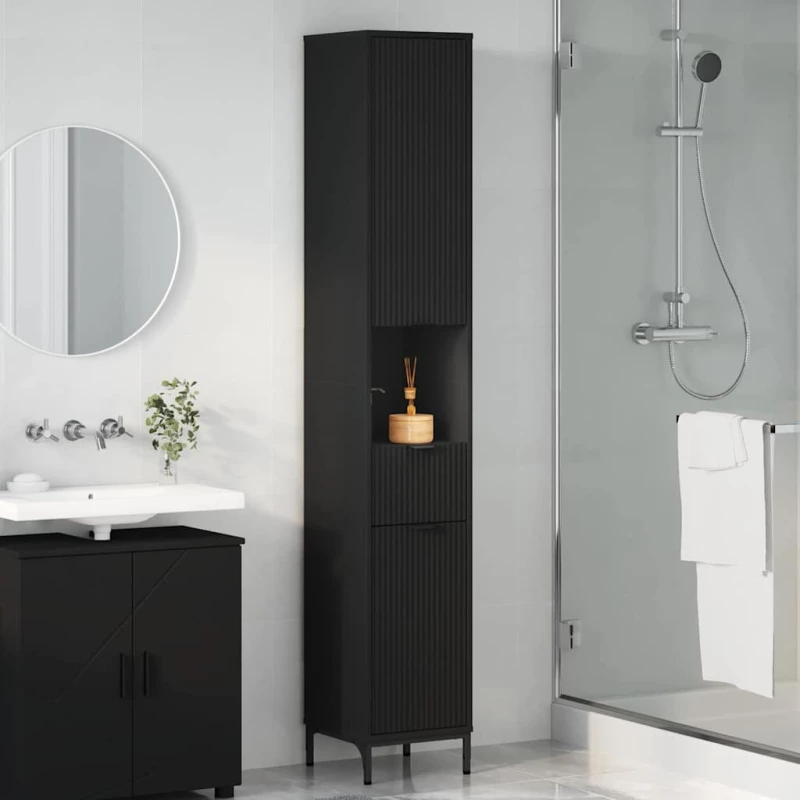vidaXL Ψηλό ντουλάπι μπάνιου με συρτάρι Μαύρο 31.5 x 33 x 190 εκ.
