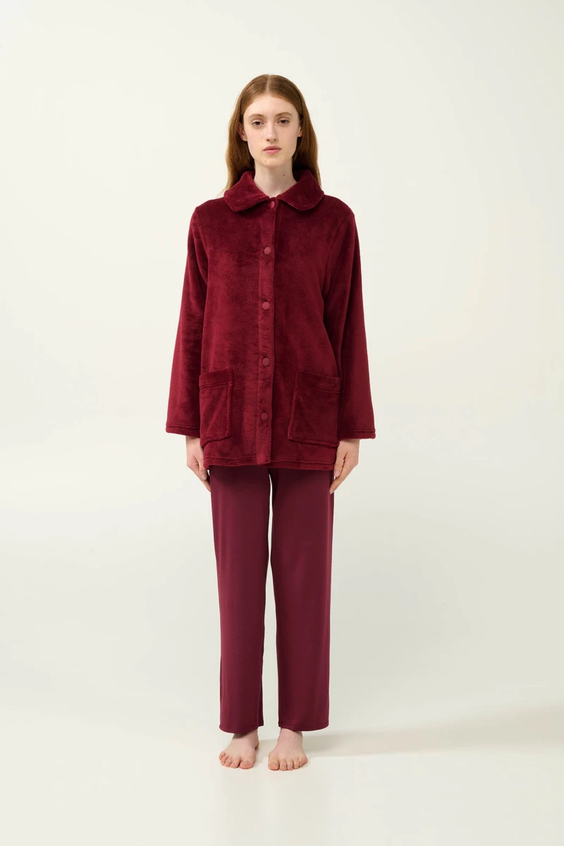 Vamp - Γυναικεία Κουμπωτή Fleece Ρόμπα - RED PORTO