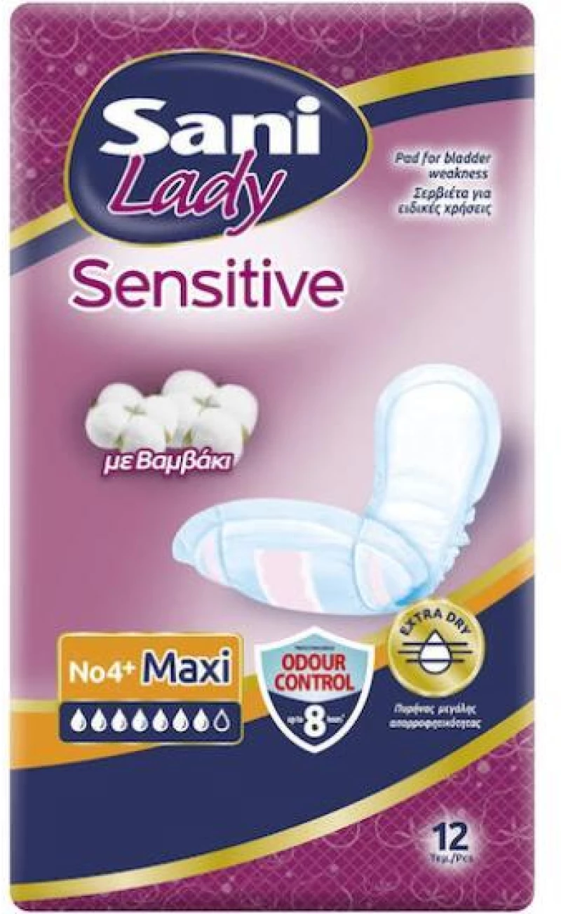SANI Lady Sensitive Maxi Σερβιέτες Ακράτειας Με Βαμβάκι No4+ 12 Τεμάχια