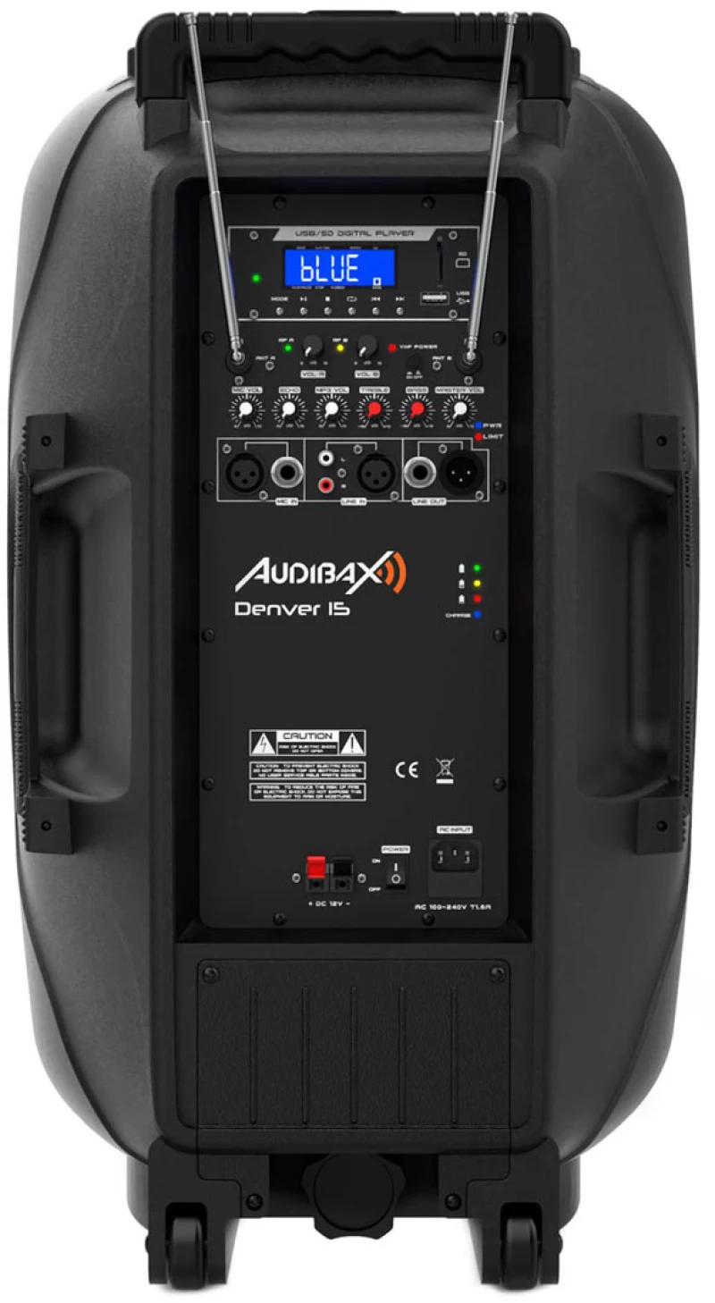 Audibax DENVER 15 Black - Φορητό ηχείο μπαταρίας 15" με 2 ασύρματα μικρόφωνα χειρός