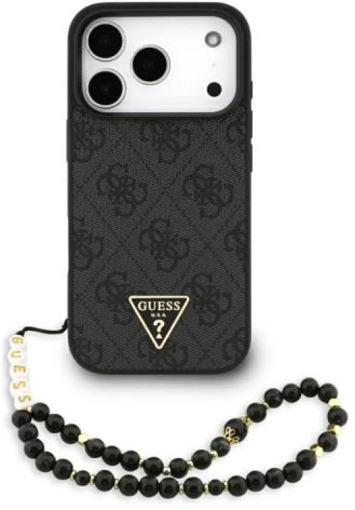 Θήκη PU Guess Apple iPhone 17 Pro Hardcase Classic Logo 4G Triangle με Pearl Strap Μαύρο