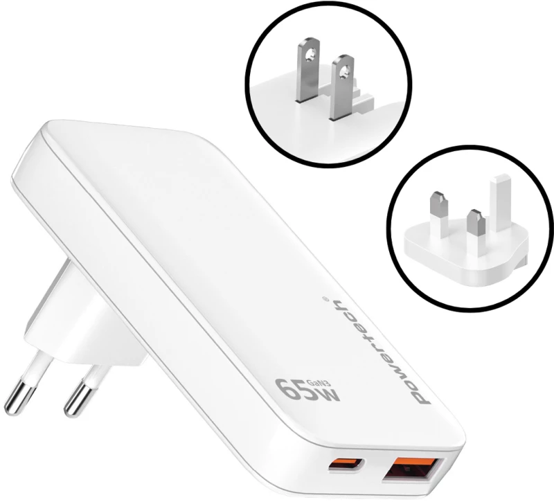 POWERTECH φορτιστής τοίχου PT-1532, EU/UK/CN βύσμα, USB/USB-C, 65W, GaN, λευκός
