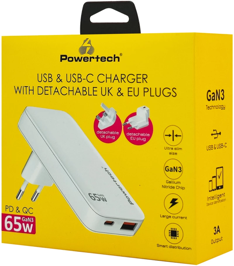 POWERTECH φορτιστής τοίχου PT-1532, EU/UK/CN βύσμα, USB/USB-C, 65W, GaN, λευκός