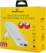 POWERTECH φορτιστής τοίχου PT-1532, EU/UK/CN βύσμα, USB/USB-C, 65W, GaN, λευκός