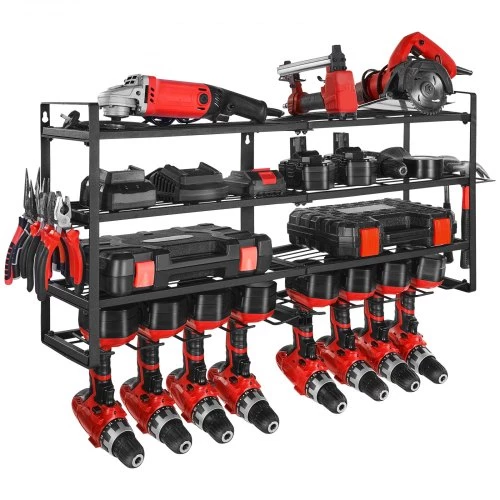 VEVOR Power Tool Organizer Wall Mount, 4-Layer Storage Rack with 8 Drill Holders, Tools Holder and Storage Rack with Screwdriver Holder, Garage Tool Organizer for Garage, Workbench, and Workshop