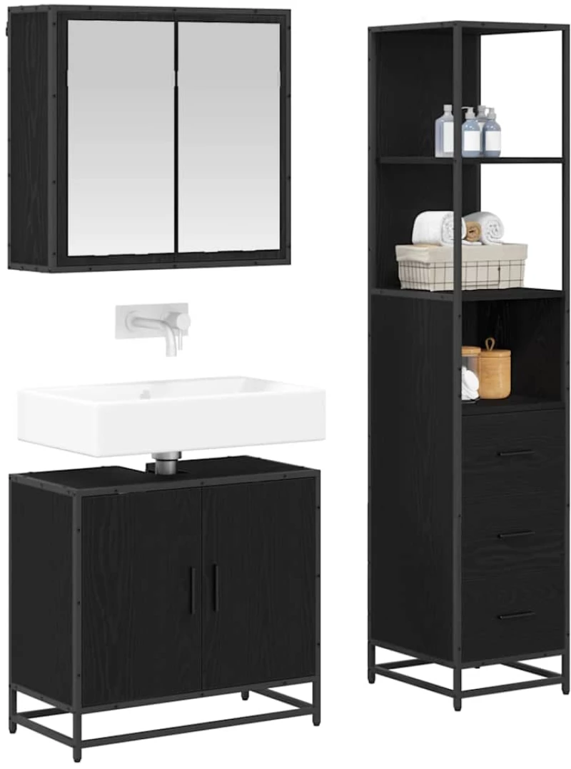 vidaXL Σετ Επίπλων Μπάνιου με ράφι 3 pcs Μαύρη Οξυά Επεξεργασμένο ξύλο
