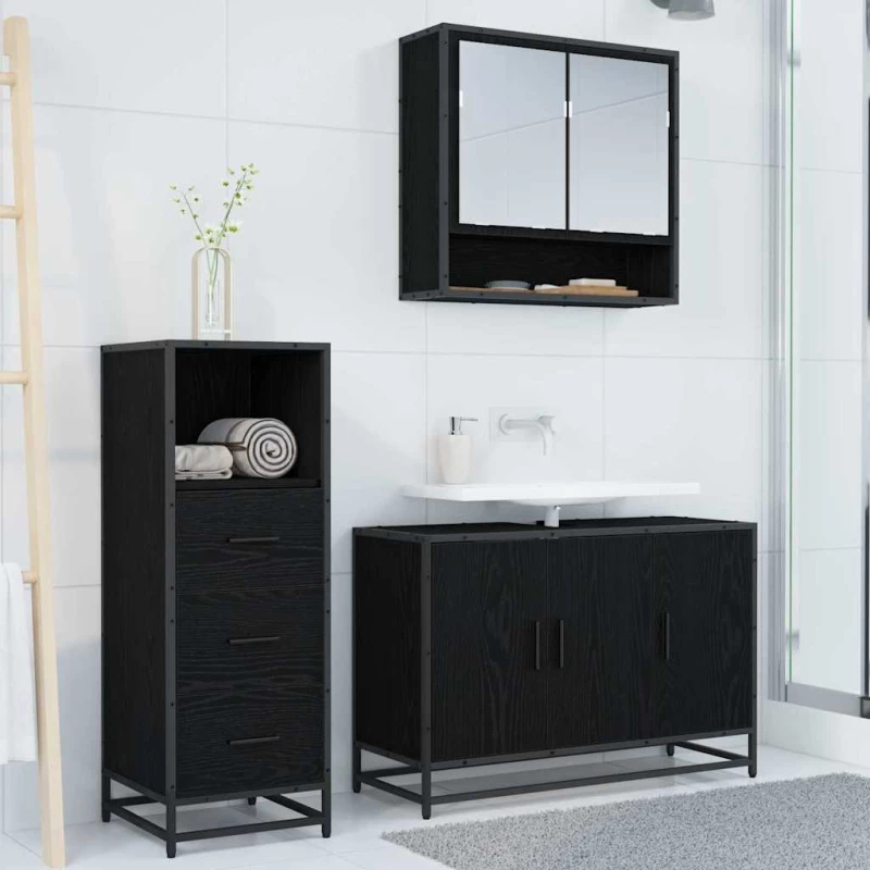 vidaXL Σετ Επίπλων Μπάνιου με ράφι 3 pcs Μαύρη Οξυά Επεξεργασμένο ξύλο