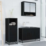 vidaXL Σετ Επίπλων Μπάνιου με ράφι 3 pcs Μαύρη Οξυά Επεξεργασμένο ξύλο