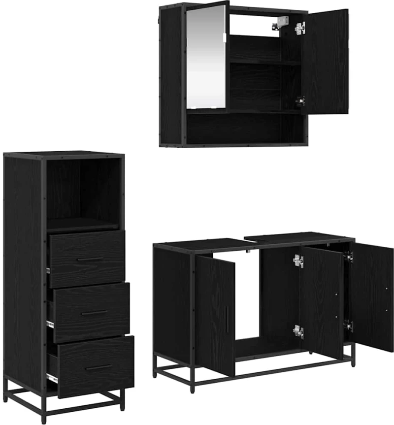 vidaXL Σετ Επίπλων Μπάνιου με ράφι 3 pcs Μαύρη Οξυά Επεξεργασμένο ξύλο