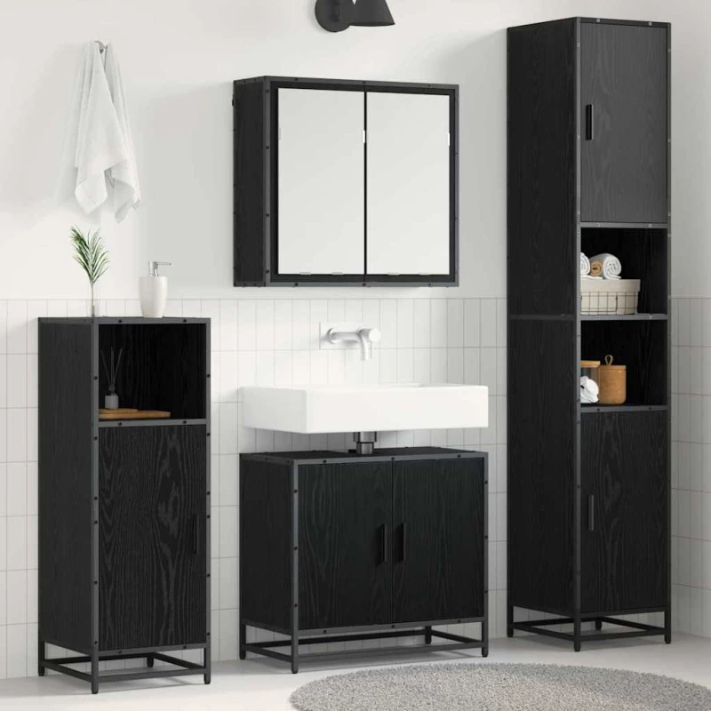 vidaXL Σετ Επίπλων Μπάνιου με ράφι 4 pcs Μαύρη Οξυά Επεξεργασμένο ξύλο