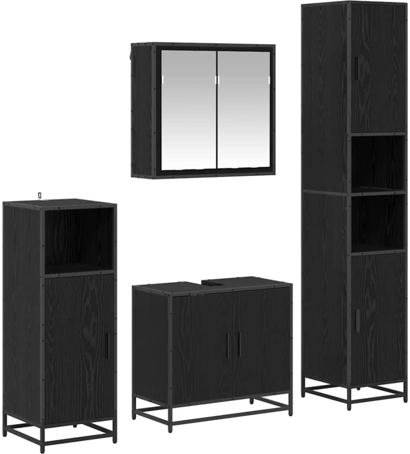 vidaXL Σετ Επίπλων Μπάνιου με ράφι 4 pcs Μαύρη Οξυά Επεξεργασμένο ξύλο