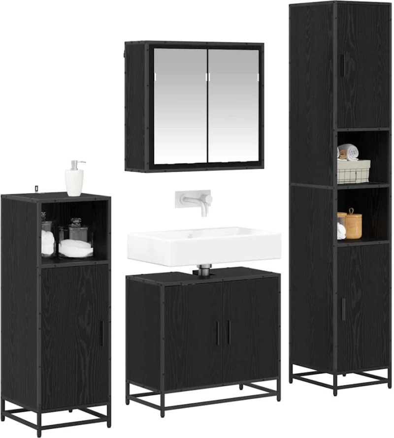 vidaXL Σετ Επίπλων Μπάνιου με ράφι 4 pcs Μαύρη Οξυά Επεξεργασμένο ξύλο