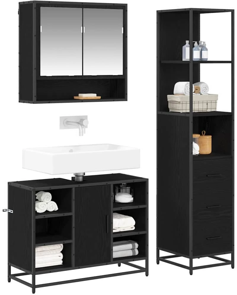 vidaXL Σετ Επίπλων Μπάνιου με ράφι 3 pcs Μαύρη Οξυά Επεξεργασμένο ξύλο