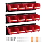 VEVOR Wall Mounted Storage Bins, 12 Plastic Bins & 3 Metal Rails, Plastic Hanging Stackable Storage Bin for Screws, Nuts, Bolts, Nails, Hardware Tool Organizer for Workshop, Craft Room, Garage, Red