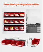 VEVOR Wall Mounted Storage Bins, 12 Plastic Bins & 3 Metal Rails, Plastic Hanging Stackable Storage Bin for Screws, Nuts, Bolts, Nails, Hardware Tool Organizer for Workshop, Craft Room, Garage, Red