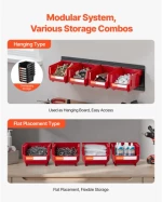 VEVOR Wall Mounted Storage Bins, 12 Plastic Bins & 3 Metal Rails, Plastic Hanging Stackable Storage Bin for Screws, Nuts, Bolts, Nails, Hardware Tool Organizer for Workshop, Craft Room, Garage, Red