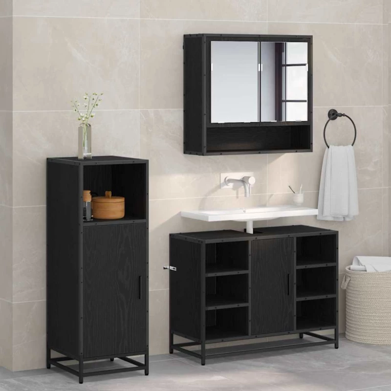 vidaXL Σετ Επίπλων Μπάνιου με ράφι 3 pcs Μαύρη Οξυά Επεξεργασμένο ξύλο