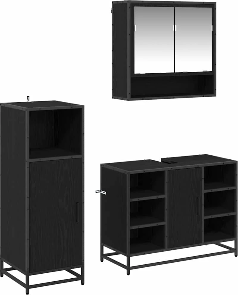 vidaXL Σετ Επίπλων Μπάνιου με ράφι 3 pcs Μαύρη Οξυά Επεξεργασμένο ξύλο