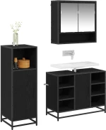vidaXL Σετ Επίπλων Μπάνιου με ράφι 3 pcs Μαύρη Οξυά Επεξεργασμένο ξύλο
