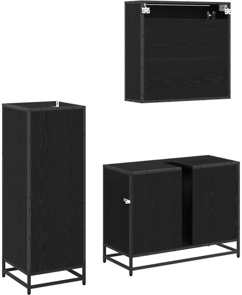 vidaXL Σετ Επίπλων Μπάνιου με ράφι 3 pcs Μαύρη Οξυά Επεξεργασμένο ξύλο