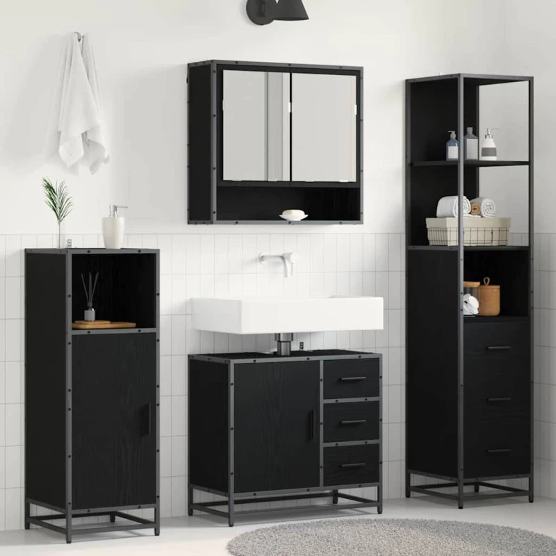vidaXL Σετ Επίπλων Μπάνιου με ράφι 3 pcs Μαύρη Οξυά Επεξεργασμένο ξύλο