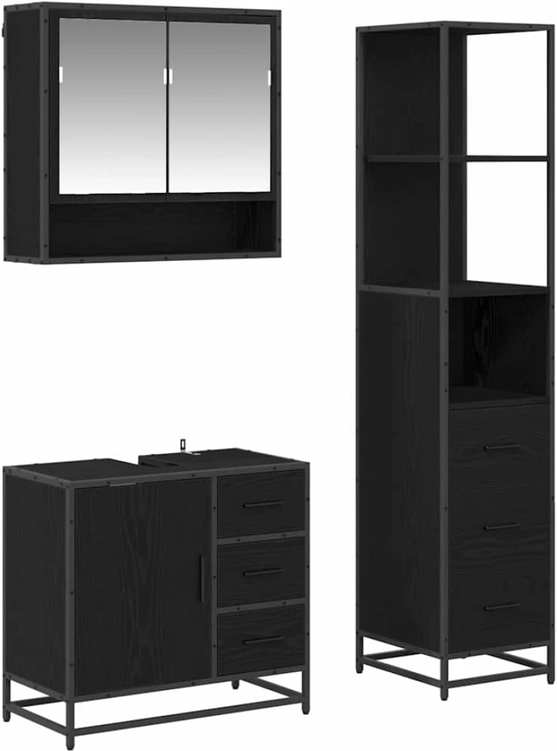 vidaXL Σετ Επίπλων Μπάνιου με ράφι 3 pcs Μαύρη Οξυά Επεξεργασμένο ξύλο
