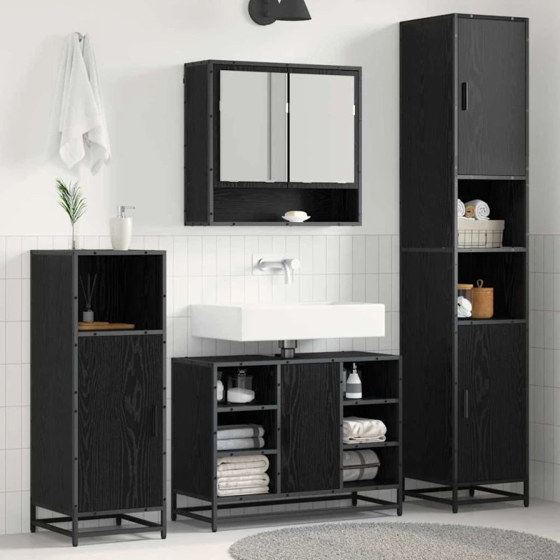 vidaXL Σετ Επίπλων Μπάνιου με ράφι 4 pcs Μαύρη Οξυά Επεξεργασμένο ξύλο