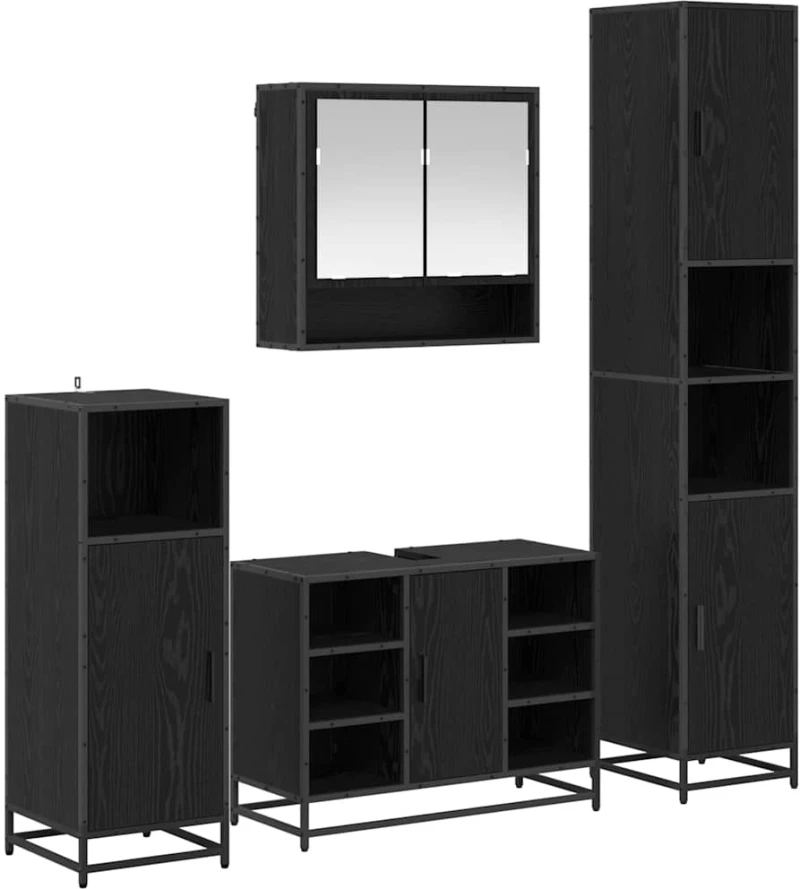 vidaXL Σετ Επίπλων Μπάνιου με ράφι 4 pcs Μαύρη Οξυά Επεξεργασμένο ξύλο