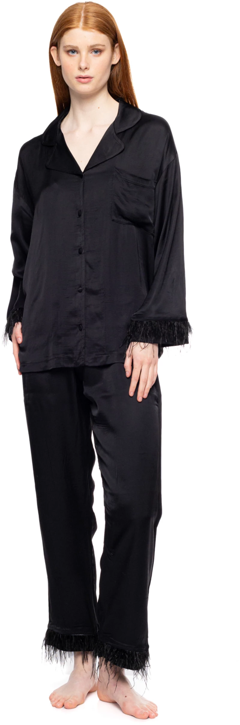 Γυναικεία Πυτζάμα Pink Label - Μαύρη - Σατέν Viscose  - Σεμιζιέ - Regular Fit