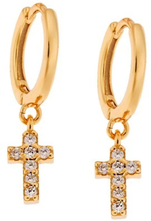 Σκουλαρίκια Κρίκοι Senza επιχρυσωμένο ασήμι 925, σταυρουδάκι διπλής όψης με λευκά ζιργκόν SSR3087GDKR