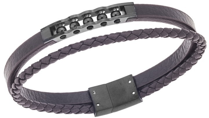 Βραχιόλι διπλό Senza Men`s Steel, Brown Leather Strap, με μαύρο σχέδιο SSD5791BKBN