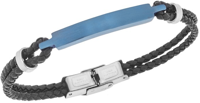 Βραχιόλι Senza Men`s Steel, Βlack Leather Strap, με μπλε ταυτότητα SSD5822SBL