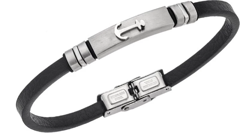 Βραχιόλι Senza Men`s Steel, Black Leather Strap With Anchor SSD5765SR