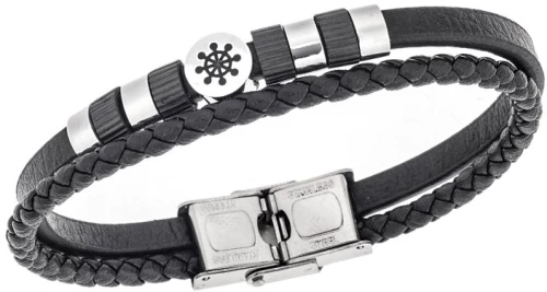 Βραχιόλι Senza Men`s Steel, Black Leather Strap, με τιμόνι και μαύρα στοιχεία SSD5779SBK