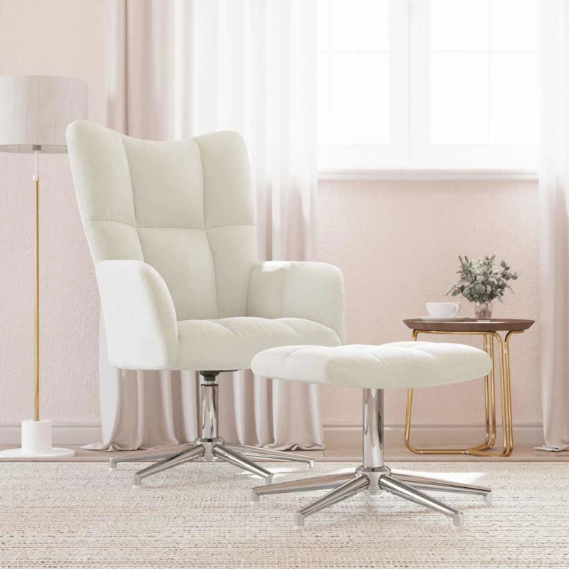 vidaXL Πολυθρόνα Relax Λευκό Κρεμ Βελούδινη με Σκαμπό