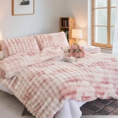 Σετ Παπλωματοθήκη Μονή με Απαλή Υφή Γούνα Τύπου Rabbit Με Μαξιλαροθήκη 160x220cm Ροζ