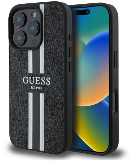Θήκη PU Guess MagSafe Apple iPhone 16 Pro Hardcase Printed Stripes 4G Μαύρο