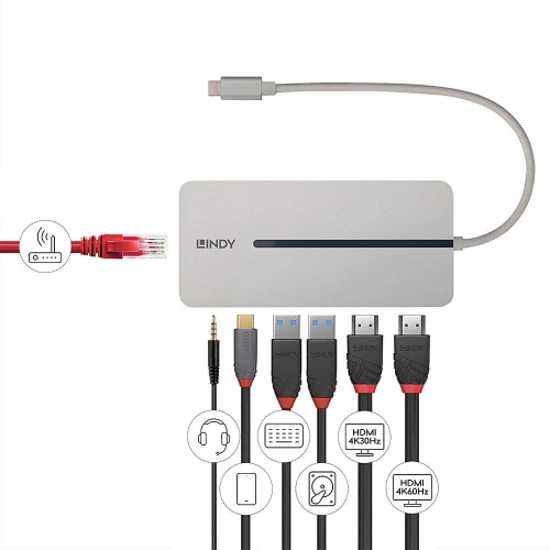 Lindy LY-43360 USB-C Docking Station με HDMI 4K PD Ethernet και συνδεση 2 Οθονών Γκρι
