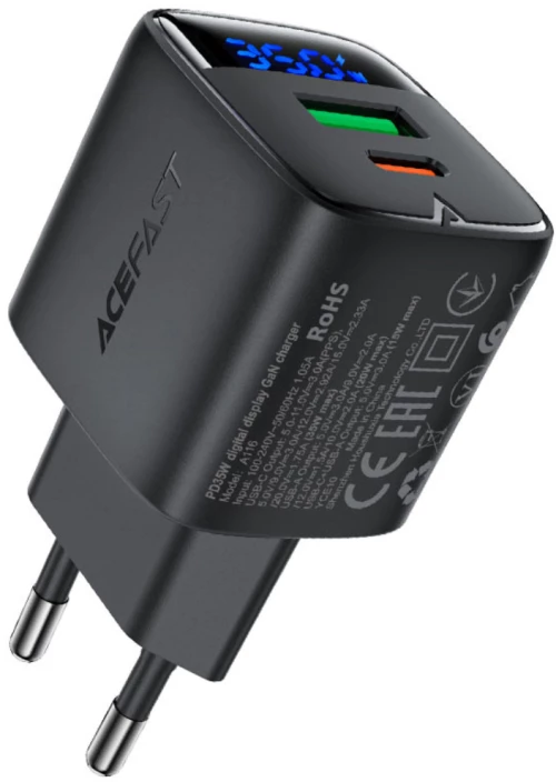 Φορτιστής Ταξιδίου Acefast A116 Fast Charging USB-C PD35W GaN με Digital Ένδειξη Μαύρος