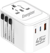Παγκόσμιος Φορτιστής Ταξιδίου Energizer ETC450 US/AU UK EU με 1xUSB-A 30W και 2xUSB-C 45W/12W GaN Λευκός