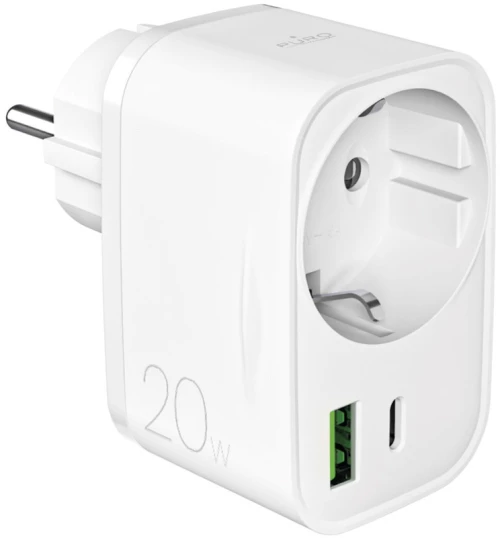 Puro 20W Power Delivery Charger with Schuko Plug and Socket 1x USB-C + 1x USB-A - White