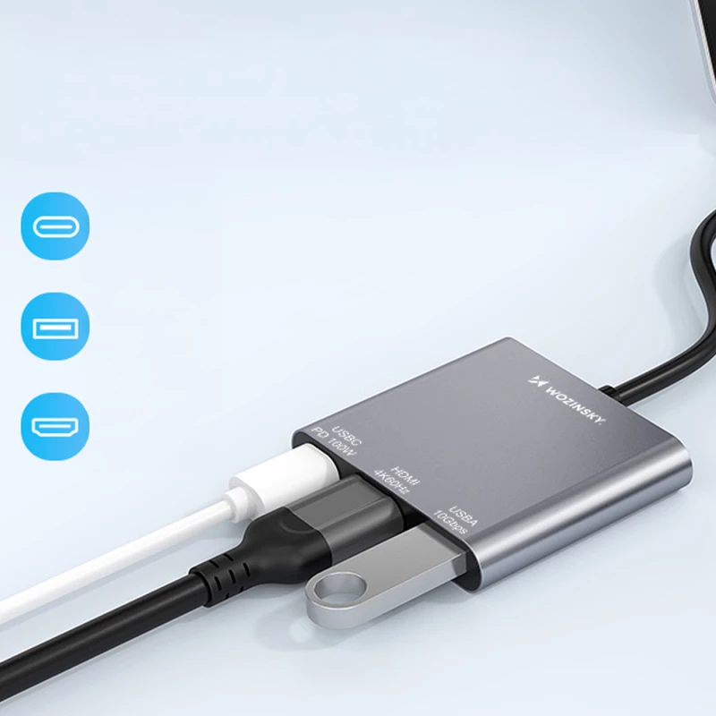 Hub Wozinsky WHCH-01 USB-C PD 100W HDMI 4K@30Hz USB-A 10Gbps - gray