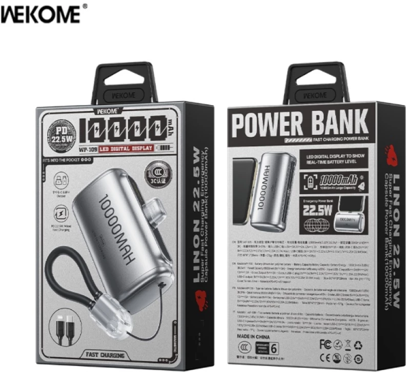 Power Bank WEKOME WP-109 10000mAh 22.5W Γρήγορης Φόρτισης Silver