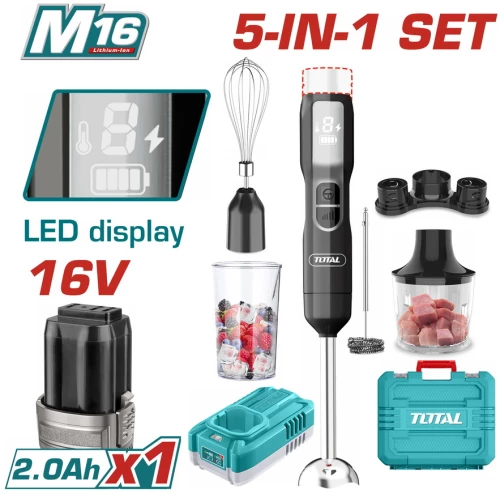 Σετ μπλέντερ χειρός 5 σε 1 μπαταρίας 16V με LED, ράβδο ανάμειξης με 1 μπαταρία & φορτιστή TOTAL TJB056K