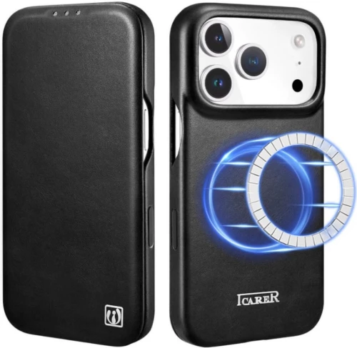 Θήκη iPhone 17 Pro Max iCarer Curved Edge Leather Folio with Magsafe Δερμάτινη Flip με MagSafe - Black (KJIP17250702-BK)